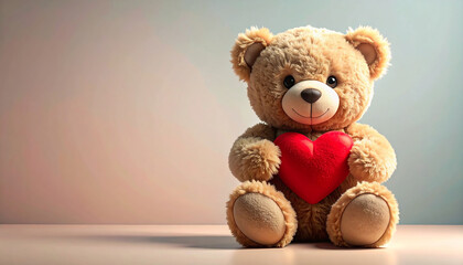 Obraz premium A cute teddy bear with brown fur, holding a red heart, sitting on a surface.