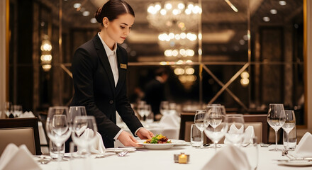 Professional hotel waitress serving an exquisite dish in a luxurious fine dining restaurant