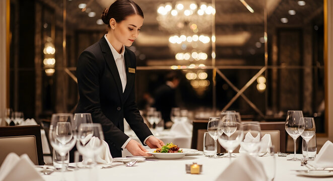 Professional hotel waitress serving an exquisite dish in a luxurious fine dining restaurant