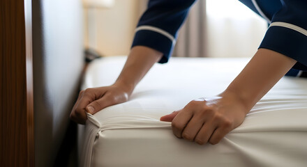 Fototapeta premium Professional hotel service: Housekeeper's hands arranging crisp, white bedding, ensuring a clean and tidy room.