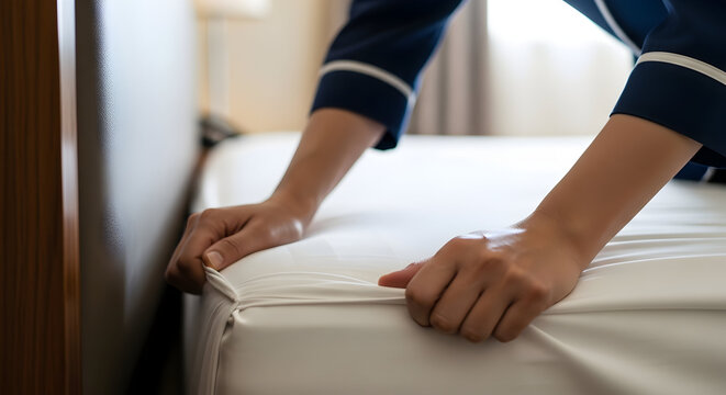 Professional hotel service: Housekeeper's hands arranging crisp, white bedding, ensuring a clean and tidy room.