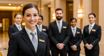 Smiling Professional Hotel Staff Team Ready to Welcome Guests in a Luxurious Hotel Lobby