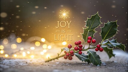 Holly branch with red berries glowing against golden light