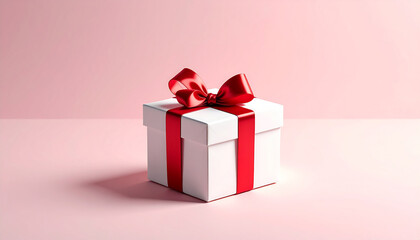 Obraz premium A white gift box with a red ribbon and bow on a pink background, studio shot.