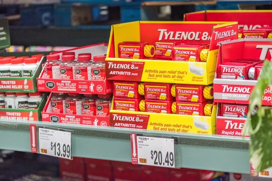 Pain relief products displayed in a supermarket aisle in Orlando, Florida