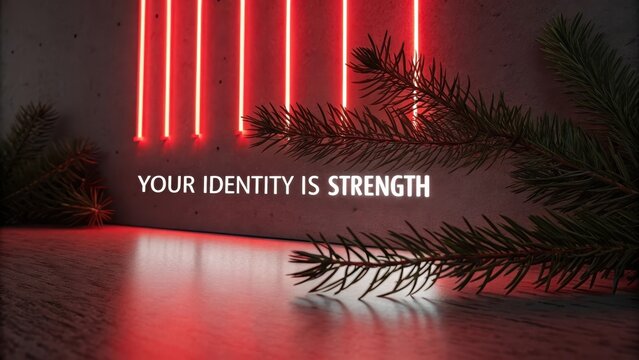 Neon Red Vertical Lines Behind Pine Branches With Strength Text - Powered by Adobe