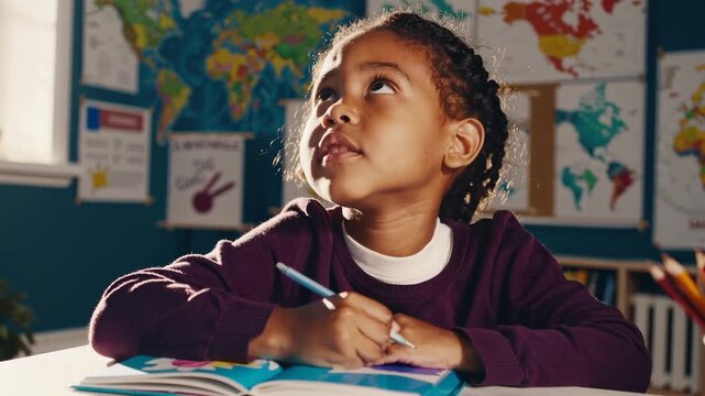 Curious Child Learning at Desk with Books and World Map
