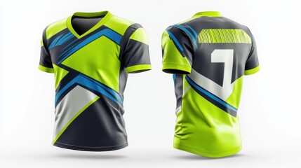 a football team jersey mockup, featuring a bright blend of lime green, cobalt blue, and dark gray, with a futuristic abstract design and bold diagonal cuts