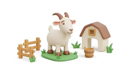 Naklejka premium Clay goat with fence, barn, and bucket on green base.