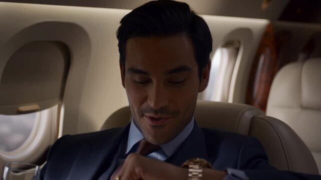 A man in a suit is traveling on a luxury jet. He looks at his watch Stock Video