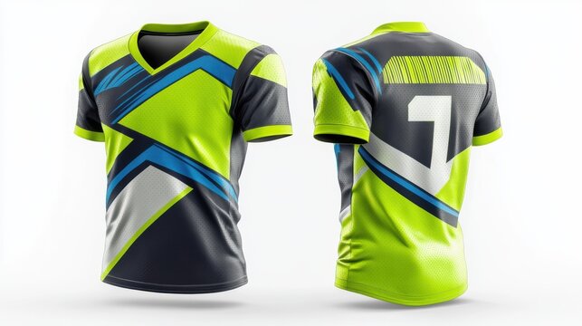 a football team jersey mockup, featuring a bright blend of lime green, cobalt blue, and dark gray, with a futuristic abstract design and bold diagonal cuts