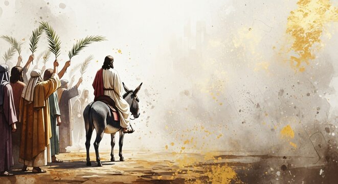 Jesus Triumphal Entry into Jerusalem Biblical Art Palm Sunday Christian Faith Hope Illustration