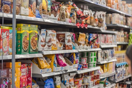 Busy supermarket aisle showcasing various snack and cereal options in Orlando, Florida