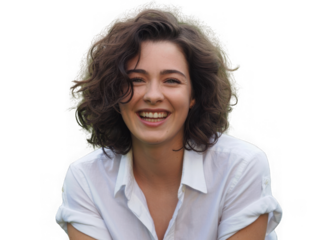 Young woman with curly hair smiling broadly isolated on transparent background