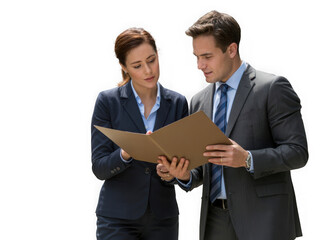 Business colleagues reviewing document isolated on transparent background