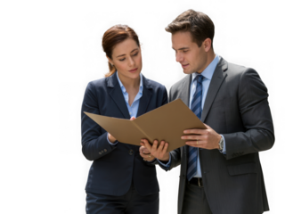 Business colleagues reviewing document isolated on transparent background