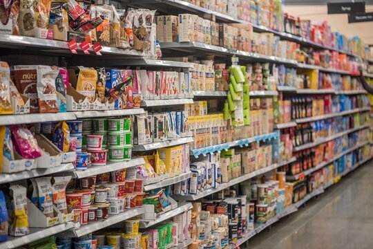 Shelves stocked with various food items in a supermarket located in Orlando Florida