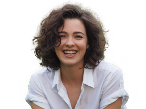 Young woman with curly hair smiling broadly isolated on transparent background