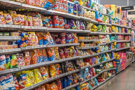 Colorful snack aisle in a supermarket in Orlando, Florida, filled with various chips and treats