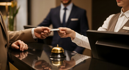 Guest Receiving Key Card at a Luxury Hotel Reception Desk