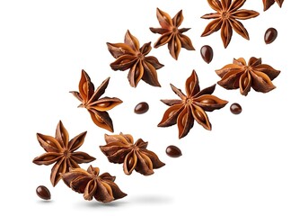 Star Anise Fruits and Seeds Floating on White Background Aromatic Dried Spice for Culinary Design  
