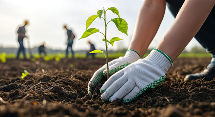 Hands Planting a Small Tree in Soil with Other People Planting in the Background on a Sunny Day.