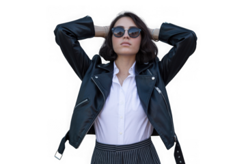 Woman in leather jacket and sunglasses isolated on transparent background