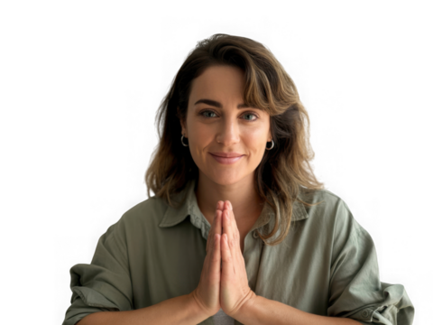 Woman with hands pressed together in prayer isolated on transparent background