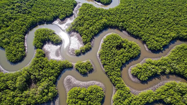 Aerial View of Winding River Through Lush Green Mangrove Forest.