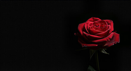 A solitary red rose blooming in front of a completely black background, elegant, romantic.