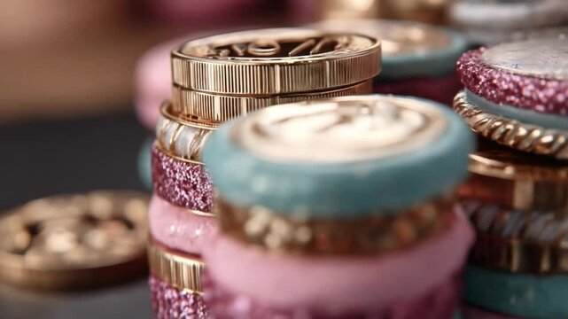 Close up of colorful decorative bracelets stacked for creative design