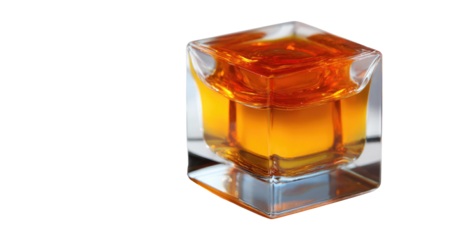 Golden Elixir in Crystal: A captivating close-up of a square crystal glass, its interior holding a vibrant, golden liquid, reflecting light and textures.