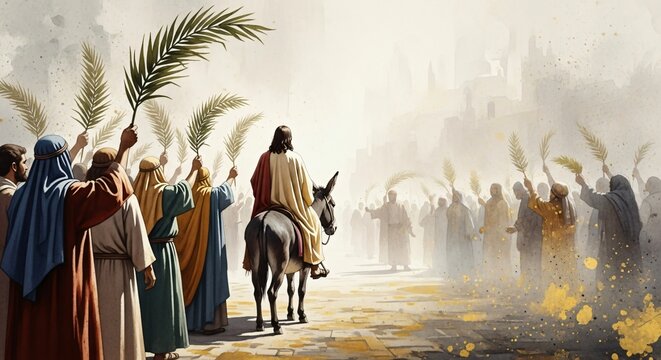 Triumphal Entry of Jesus into Jerusalem Biblical Scene Palm Sunday Holy Week Christianity Art