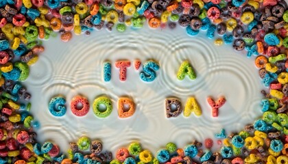 Colorful Cereal with Water Letters Spelling Its a Good Day in White Milk