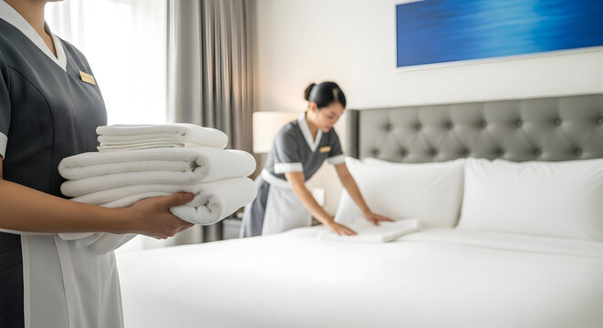 Professional hotel housekeeper delivering fresh towels and making the bed in a clean, modern guest room, highlighting meticulous hotel service and hospitality.