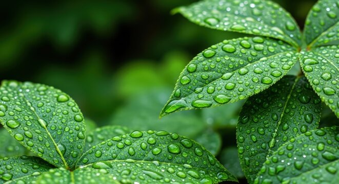 Vibrant Green Leaves After Rain with Dew Drops Detailed Macro Shot Nature Background