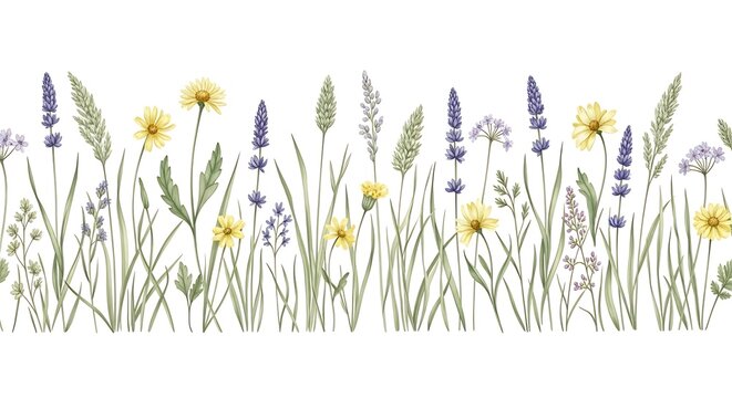 Watercolor seamless border with hand-drawn spring and summer wildflowers, lavender, chamomile, and grass elements on white background illustration - Powered by Adobe