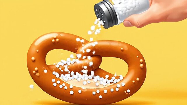 Vector hand shaking salt over a pretzel, slow motion particles, flat design.