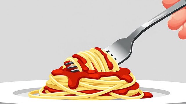 Vector spaghetti twirling on a fork, cinematic close-up, flat minimalist colors.