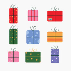 New year and Christmas present box set. Creative season elements for celebration web design. Vector illustration