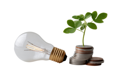 Powering Growth: A conceptual image illustrating the fusion of innovative ideas with financial investment, represented by a lightbulb and growing plant resting on coins.