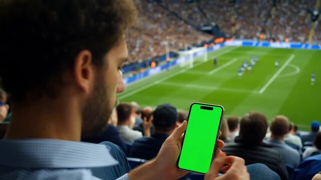A person holding a phone with a green screen while watching a soccer game in a stadium Stock Video
