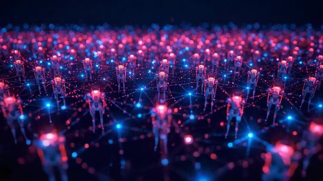 Network of Connectivity: A visually stunning depiction of digital interaction, featuring a vast network of interconnected nodes, illuminated with vibrant blue and magenta lights