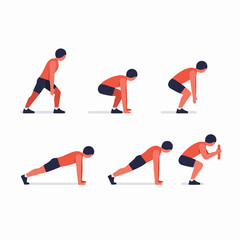 Workout sequence guide showing full-body exercise steps, including squat and plank movements. Flat vector illustration for fitness training.