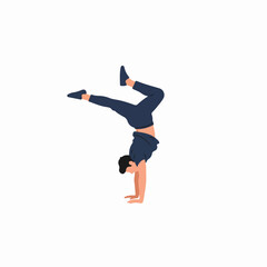 Fototapeta premium Flat vector illustration of a young man performing a dynamic handstand or acrobatic pose, representing fitness, balance, and athletic movement.