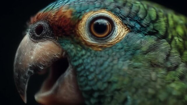 Close up of colorful parrot head detailed feathers against black background