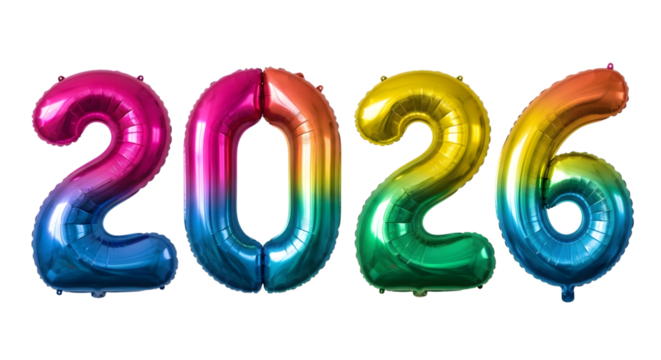 Colorful metallic gradient number balloons spelling out 2026 isolated on transparent background