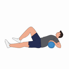 Man lying on a foam roller to massage his upper back, illustrating self-myofascial release technique for fitness and recovery.