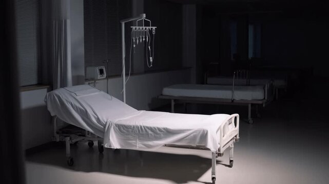 An empty bed in hospital room with IV equipment and medical devices. The room is dimly lit, creating a somber atmosphere.  Stock Video