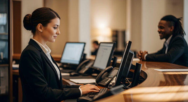 Professional Hotel Receptionist Working at Front Desk Computer